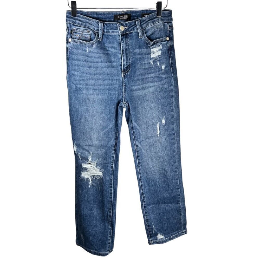 Judy Blue Straight Fit Size 9/29 Jean Distressed Blue Denim Rainbow